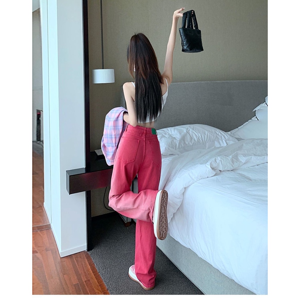 Quần Jean Nữ Ống Rộng Lưng Cao Màu Hồng Gradient Phong Cách Retro Mới
