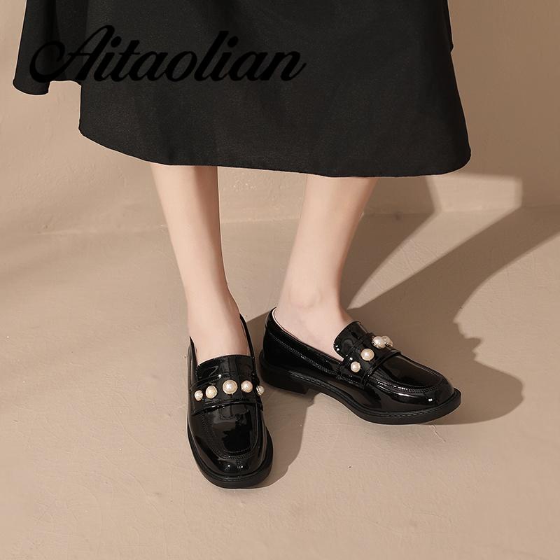 Giày Lười Da Bóng 3cm Mũi Tròn Phong Cách retro Anh Quốc Thời Trang