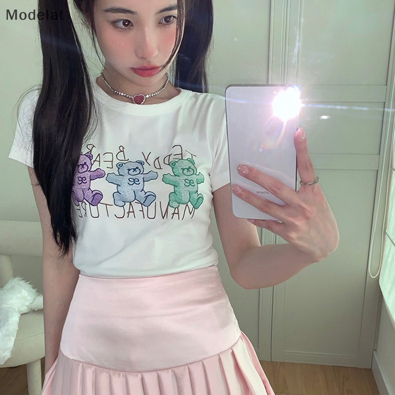 Áo Thun Crop Top Tay Ngắn Cổ Tròn In Họa Tiết Gấu Hoạt Hình Thời Trang Mùa Hè Cho Nữ