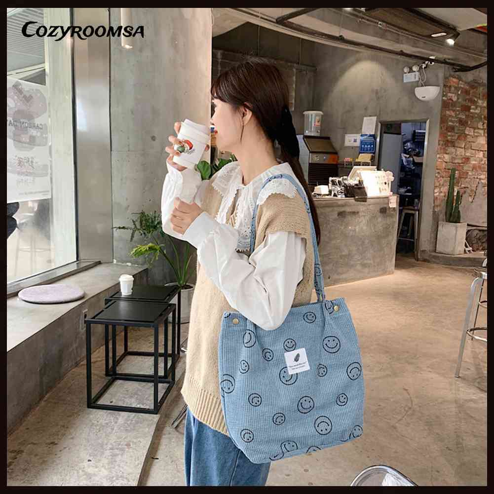 Túi Xách Tote Vải Nhung Kẻ Retro Hình Mặt Cười Dễ Thương Cho Nữ Sinh