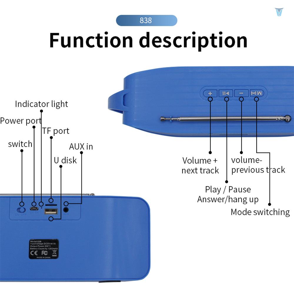 Loa Yula) 838 Bluetooth 4.1 Âm Thanh Siêu Trầm Đa Hiệu Ứng Hỗ Trợ AUX TF USB FM