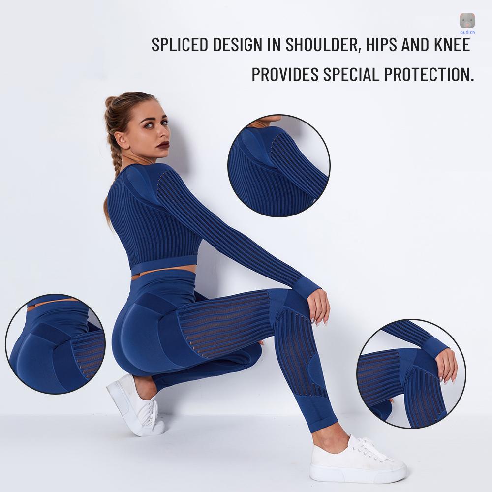 Set Đồ Tập Thể Thao Gồm Áo Croptop Dài Tay Và Quần Legging Lưng Cao Họa Tiết Sọc Thời Trang Cho Nữ