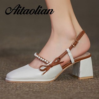 Giày Cao Gót 6cm Da Mềm Mũi Tròn Đính Nơ Và Ngọc Trai Thời Trang Cho Nữ