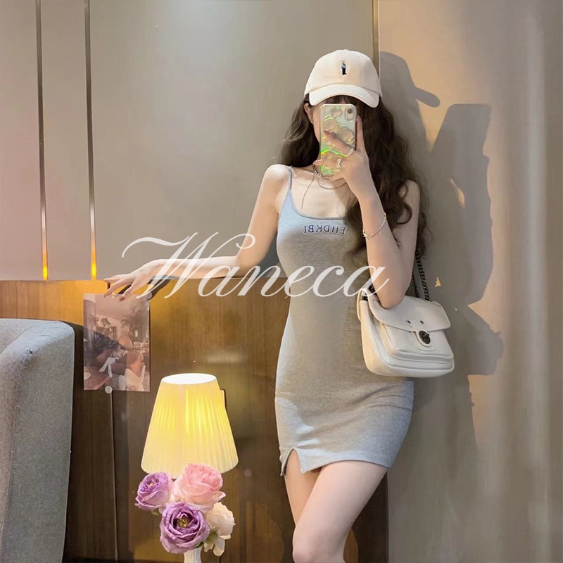 Waneca Đầm Hai Dây Ôm Dáng Xẻ Tà Không Tay In Chữ Màu Trơn Dễ Phối Đồ