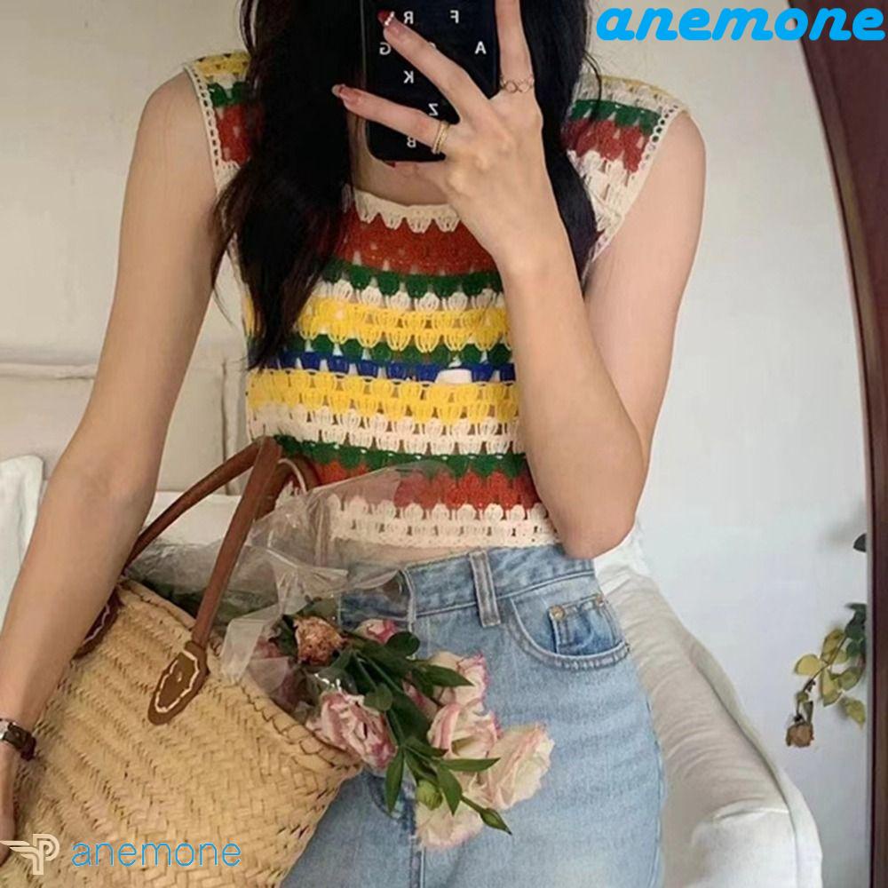 Áo Hai Dây Dệt Kim y2k Họa Tiết Kẻ Sọc Nhiều Màu Sắc Thời Trang Đường Phố