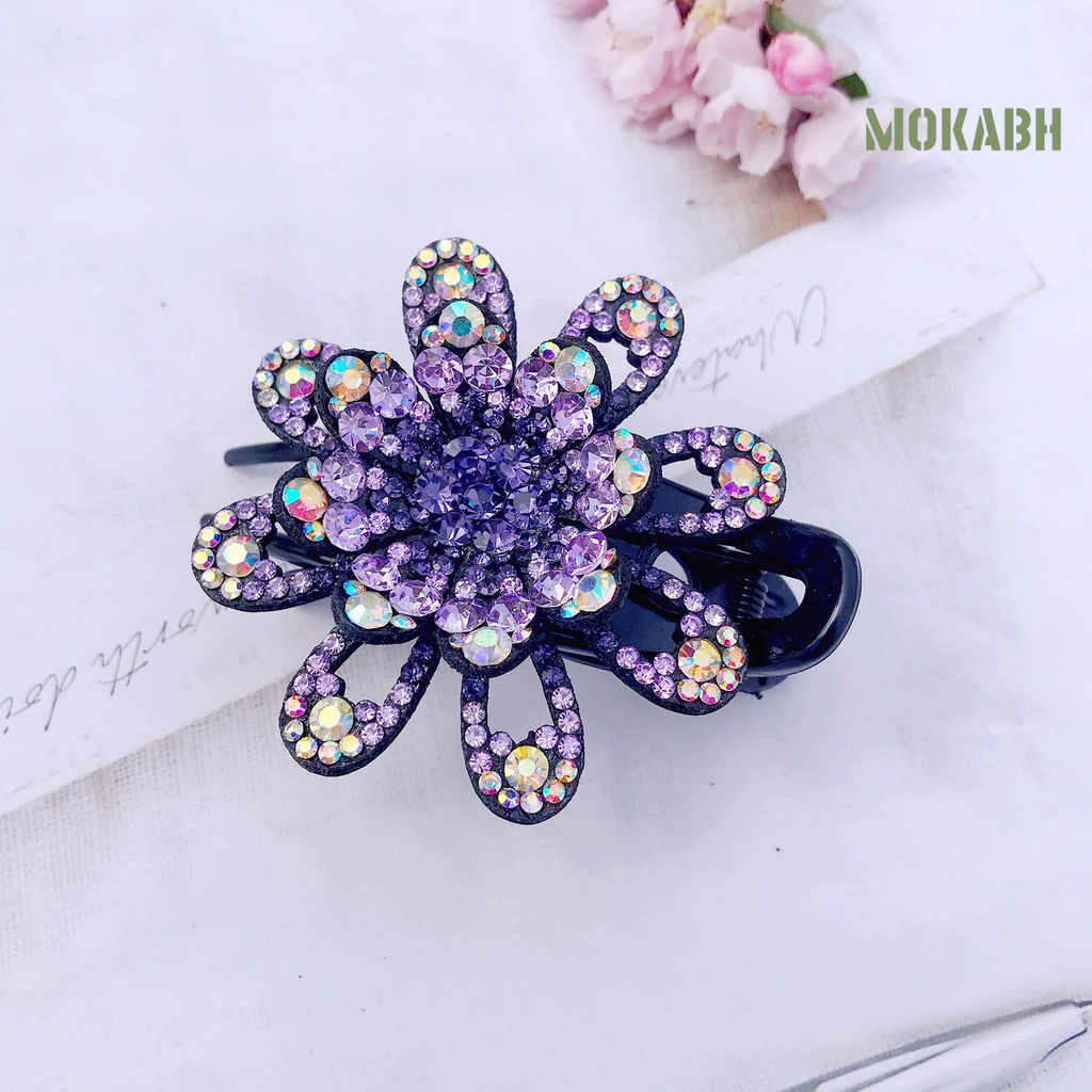 Kẹp Tóc Ba Răng Chống Trượt Họa Tiết Hoa Đính Đá Lấp Lánh Thanh Lịch