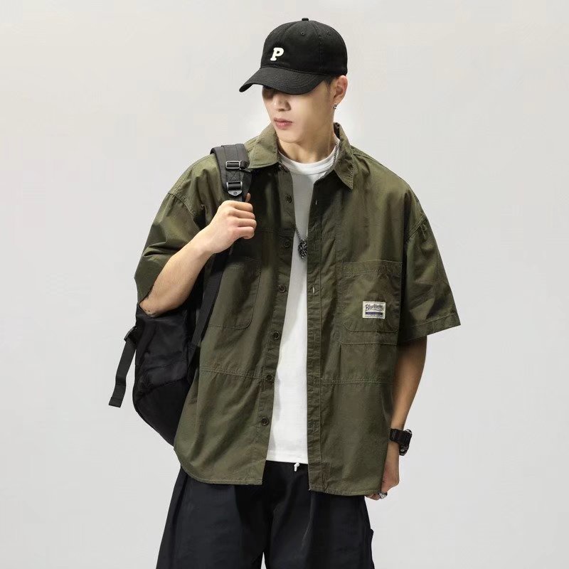 Áo Sơ Mi Tay Lửng Dáng Rộng Phong Cách Retro Nhật Bản Giản Dị Dành Cho Nam
