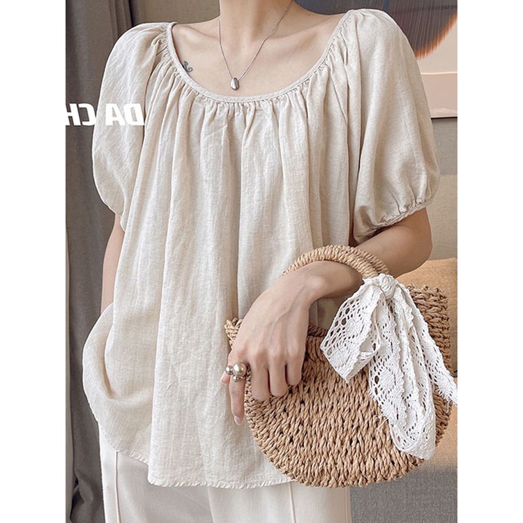 Áo Thun Cotton Lanh Mỏng Tay Ngắn Cổ Một Hàng Nút Dáng Rộng Thời Trang Mùa Hè 2023 Mới Cho Nữ