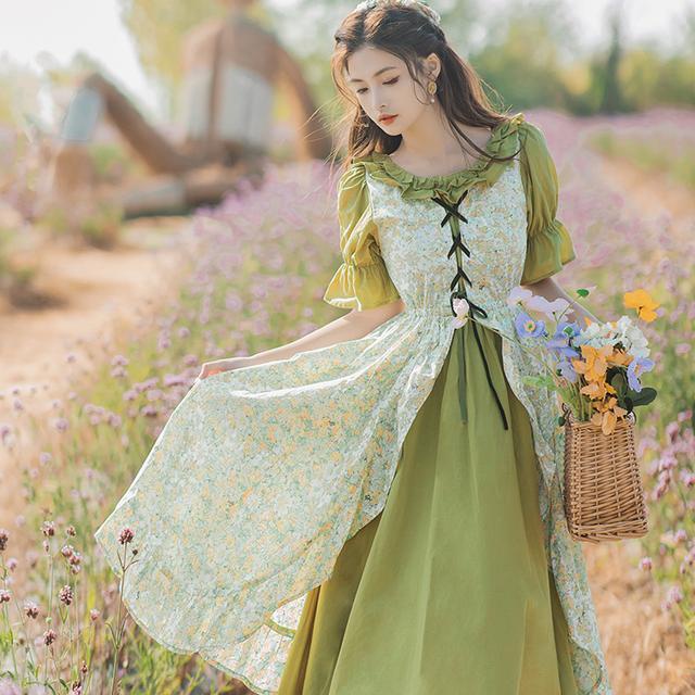 Hàng Mới Về Đầm Cotton Lanh Sơn Dầu Eo Hẹp Giả Hai Mảnh Phong Cách Retro Pháp 2023 Hàng Mới