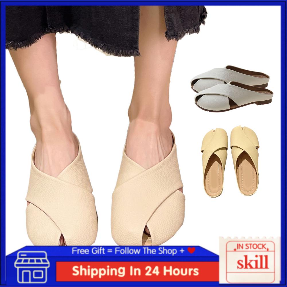 Skill Women Baotou Sandals  PU Upper Summer Slippers Flat Bottom Soft Inner Lining for Walking Shopping