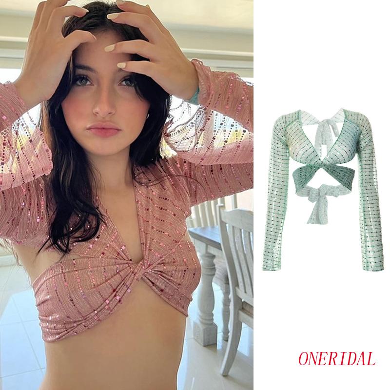 Áo Lưới Croptop Tay Dài Xuyên Thấu Đính Kim Sa Lấp Lánh Quyến Rũ Cho Nữ
