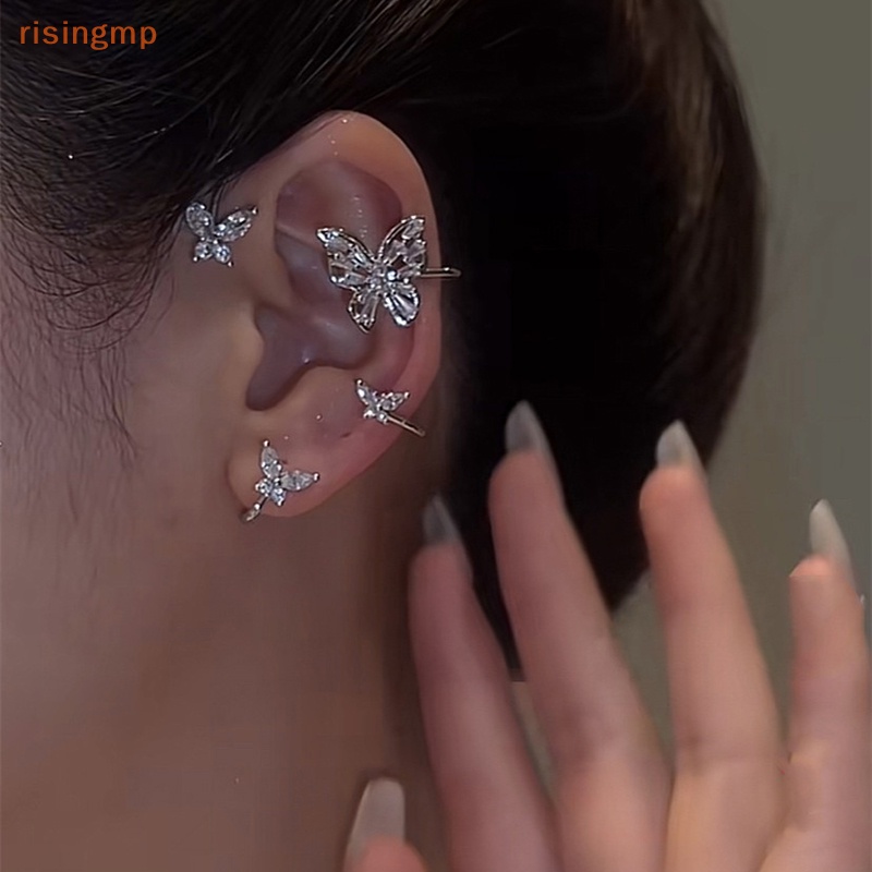 [risingmp] Khuyên Kẹp Vành Tai Bạc Hình Lông Vũ Bướm Màu Sắc Lấp Lánh Không Cần Xỏ Lỗ Tai Cho Nữ