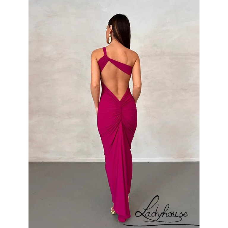 Đầm Dài Hai Dây Hở Lưng Màu Trơn Thời Trang Dự Tiệc Cho Nữ