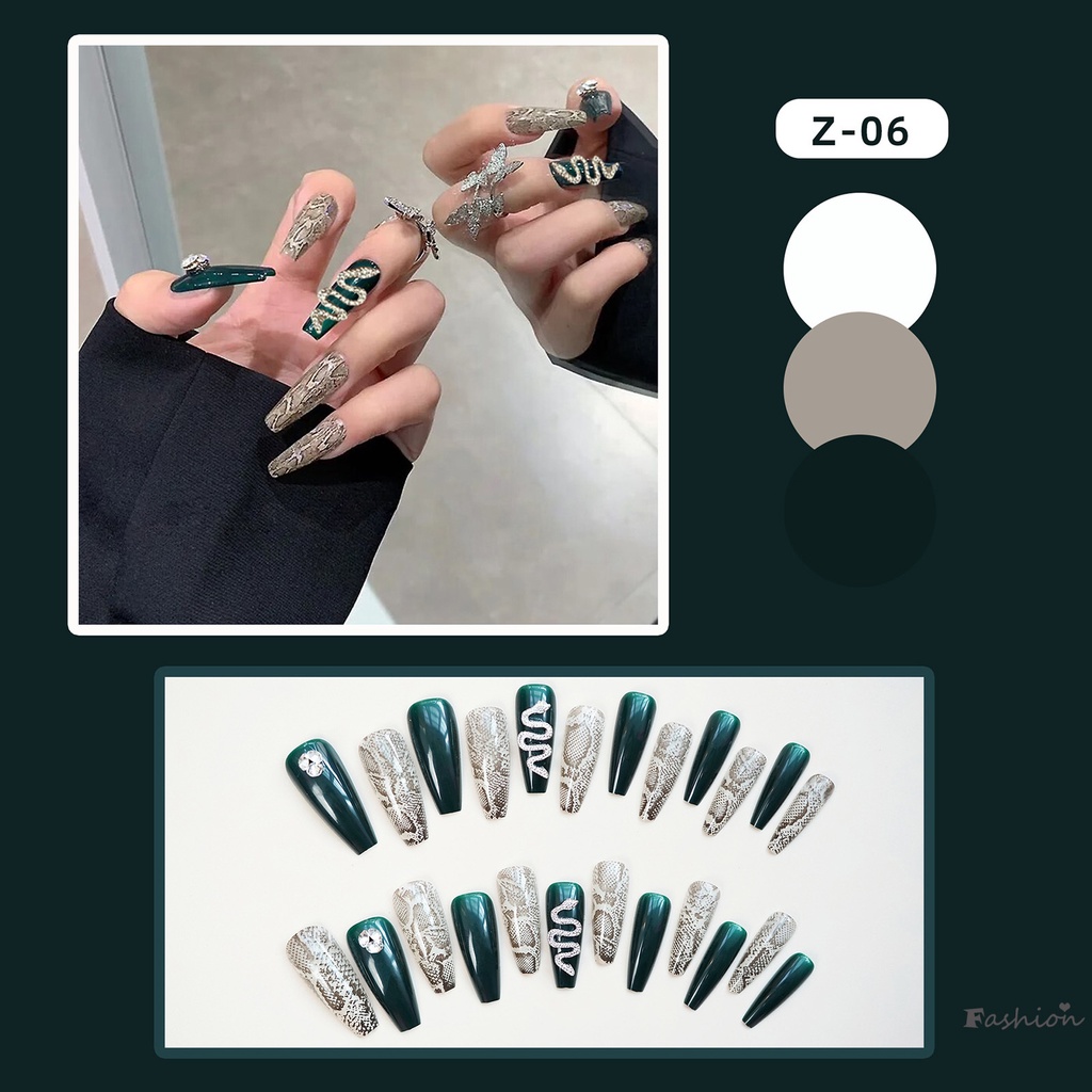 Móng Tay Giả Dài Màu Xanh Lá In Họa Tiết Da Rắn Chống Nhòe