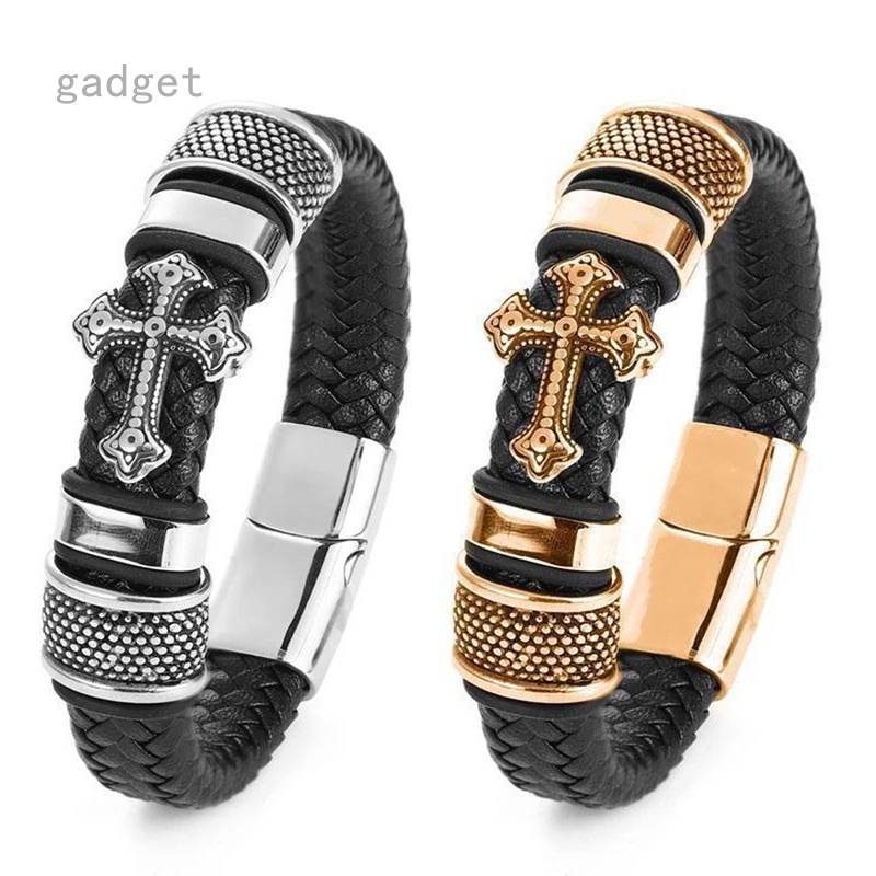 Vòng Tay Da Bện Khóa Nam Châm Ẩn Hình Thánh Giá Màu Đen Cổ Điển Thời Trang Cho Nam
