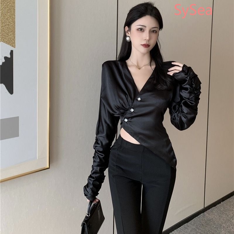 Áo Kiểu Tay Dài Cổ Chữ V Phong Cách Pháp Cho Nữ