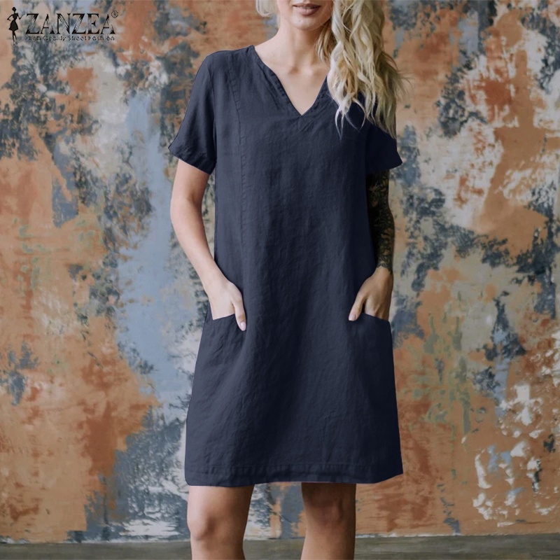 ZANZEA Đầm Ngắn Tay Cổ Chữ V Có Túi Phong Cách Vintage Nữ Tính