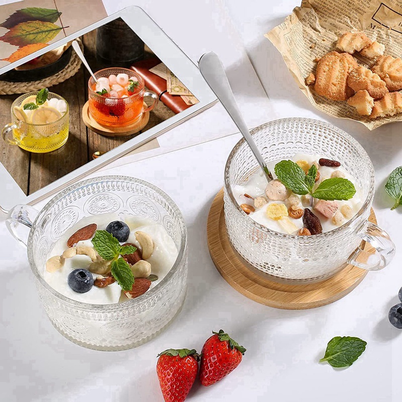 Cốc Uống Cà Phê Bằng Thủy Tinh Dập Nổi Họa Tiết Cổ Điển Có Tay Cầm Có Thể Xếp Chồng Lên Nhau