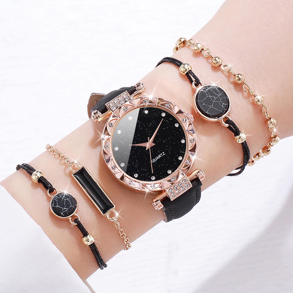 Đồng Hồ Quartz Đính Đá Với Dây Đeo Da Thời Trang