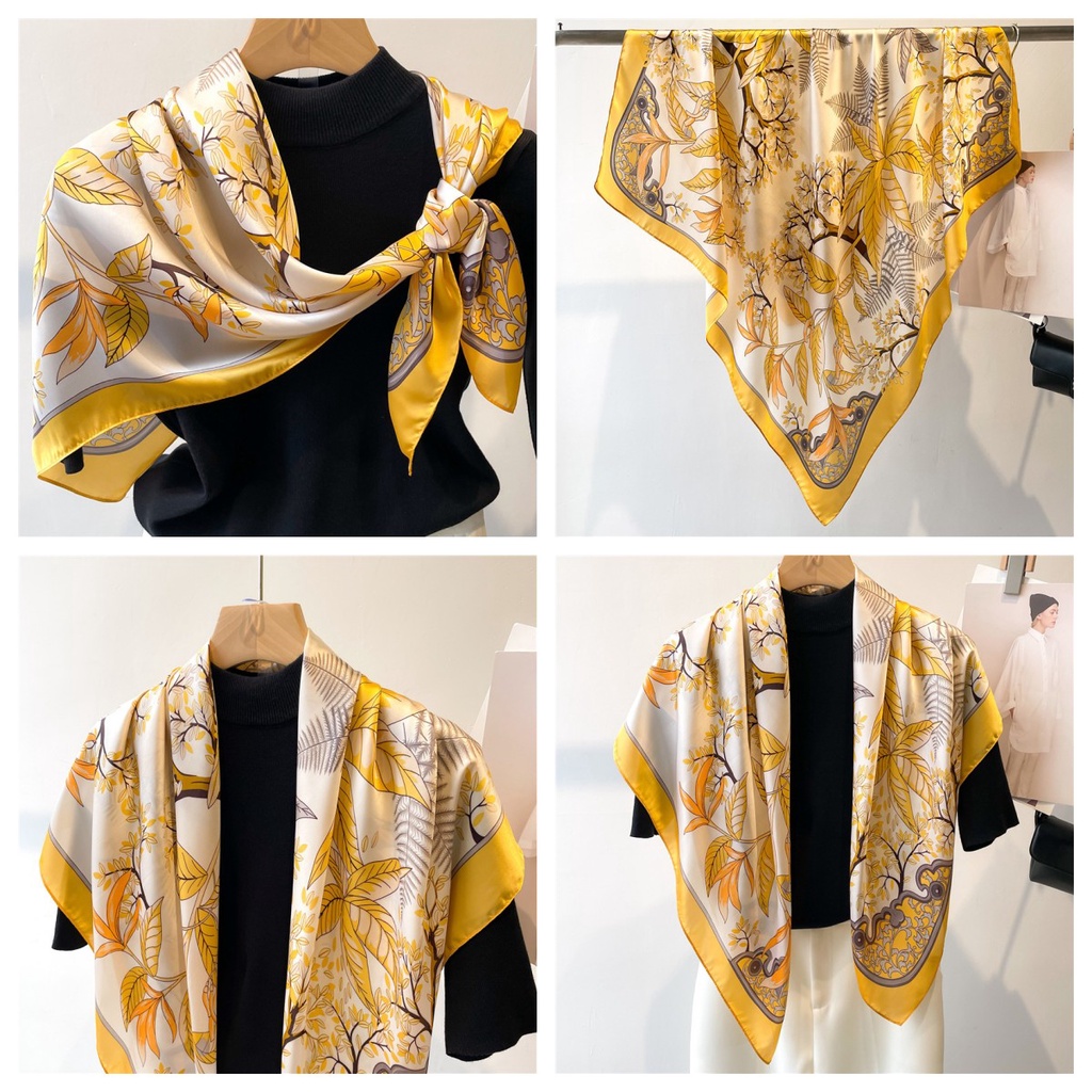 Khăn Quàng Cổ Vuông 90 * 90CM Bằng Lụa In Họa Tiết Lá Phong Trang Nhã Cho Nữ