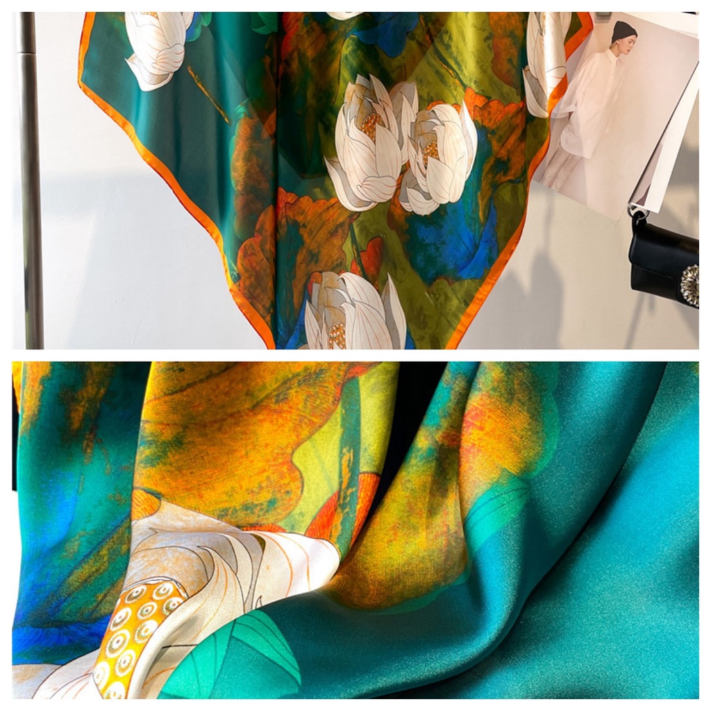 Khăn Choàng Cổ Hình Vuông 90 * 90CM Bằng Lụa In Họa Tiết Hoa Sen Thời Trang Thu Đông Cho Nữ