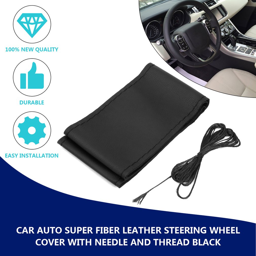 Universal Diy Car Auto Vehicles Super Fiber Leather Steering Wheel Cover Case With And Thread Black [Q/8]