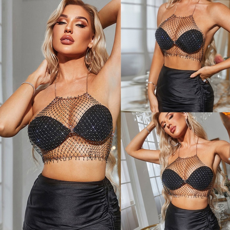 Áo Lưới Croptop Đính Đá Lấp Lánh Quyến Rũ Cho Nữ