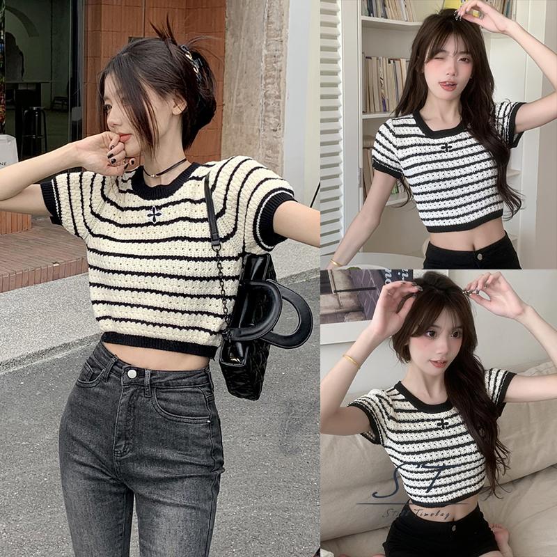 Áo Thun Dệt Kim Tay Ngắn Cổ Tròn Thêu Họa Tiết Kẻ Sọc Thời Trang Mùa Hè Cho Nữ