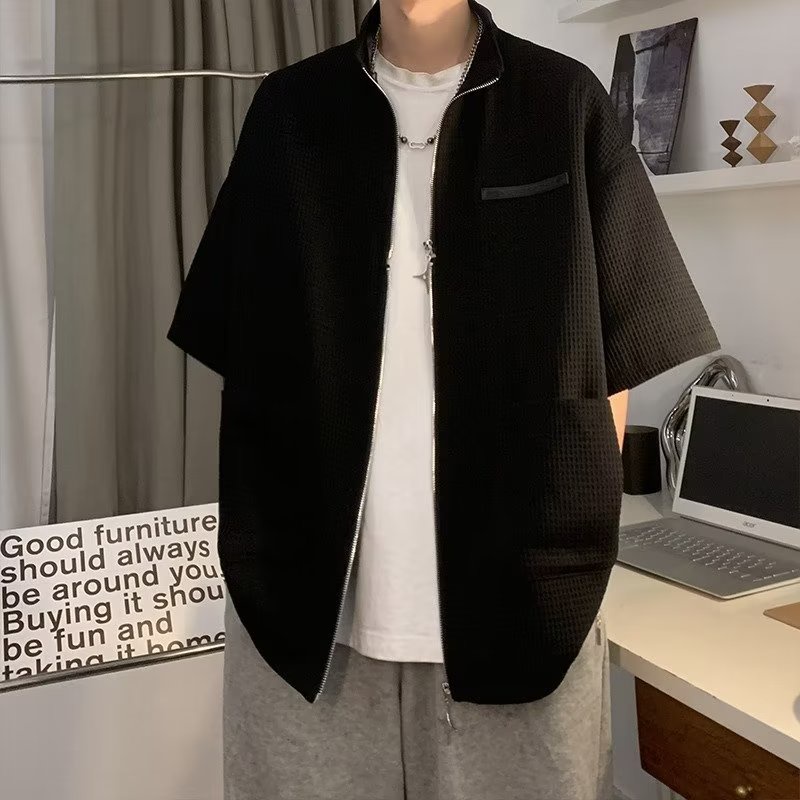 Áo Khoác Tay Ngắn Cổ Đứng Có Khóa Kéo Phong Cách Retro Mỹ Cá Tính Cho Nam Nữ