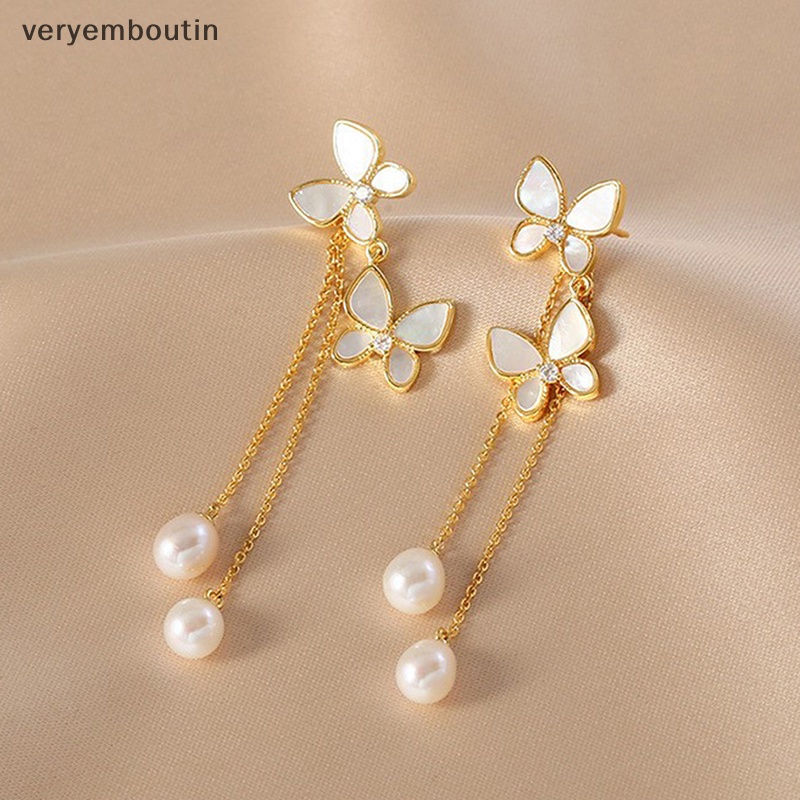 1 Đôi Bông Tai Dáng Dài Hình Bướm Đính Ngọc Trai Lãng Mạn Thời Trang Cho Nữ