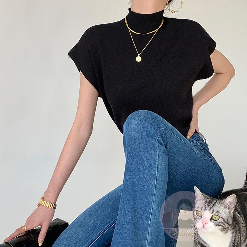 Áo Thun Dệt Kim Sát Nách Cổ Cao Màu Sắc Đơn Giản Thời Trang Mùa Hè Cho Nữ