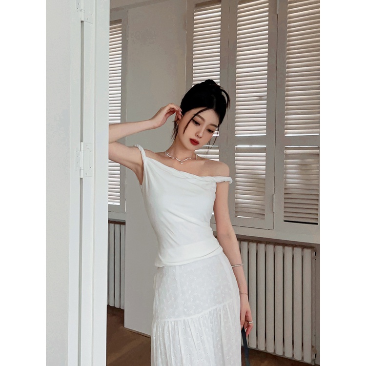 Liasynn Áo Thun Dệt Kim Trễ Vai Thắt Nút Thời Trang Mùa Hè Cho Nữ