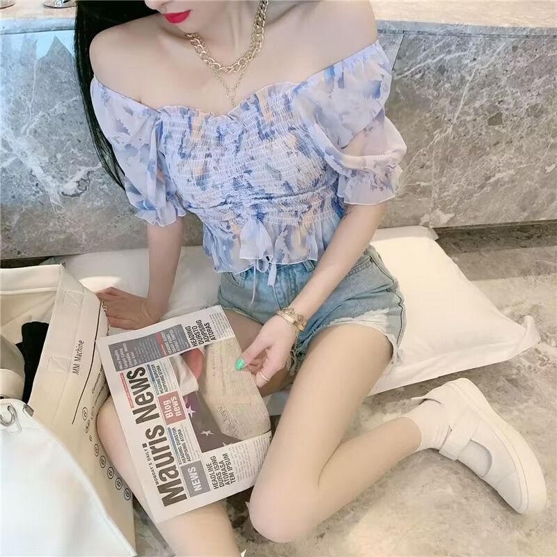 Áo Chiffon Tay Phồng Xếp Ly Phối Dây Rút Phong Cách Hàn Quốc Thời Trang Mùa Hè Xinh Xắn Cho Nữ