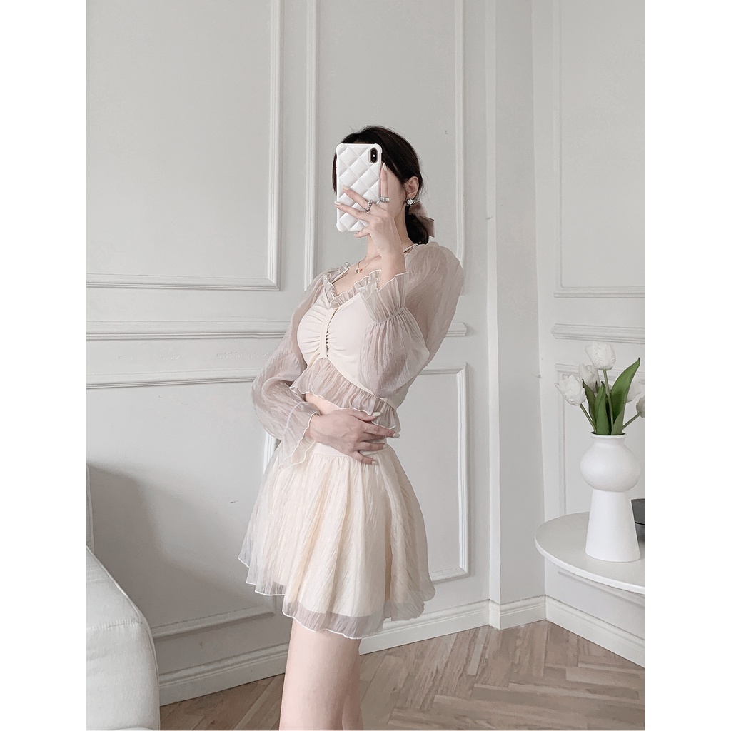 Bộ Đồ Bơi Hai Mảnh Áo Tay Dài Chống Nắng Và Quần Lưng Cao Ôm Dáng Dành Cho Nữ