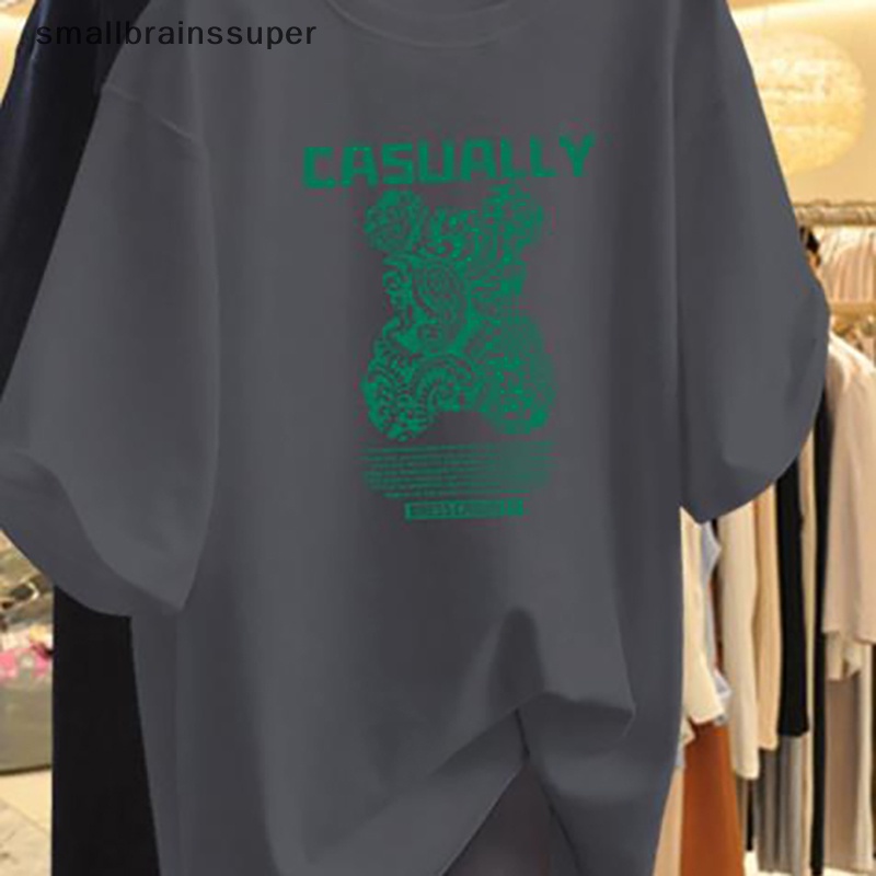 Áo Thun Ngắn Tay Cổ Tròn Dáng Rộng In Hình Gấu Hoạt Hình Thời Trang Mùa Hè Giản Dị Dành Cho Nữ SBS