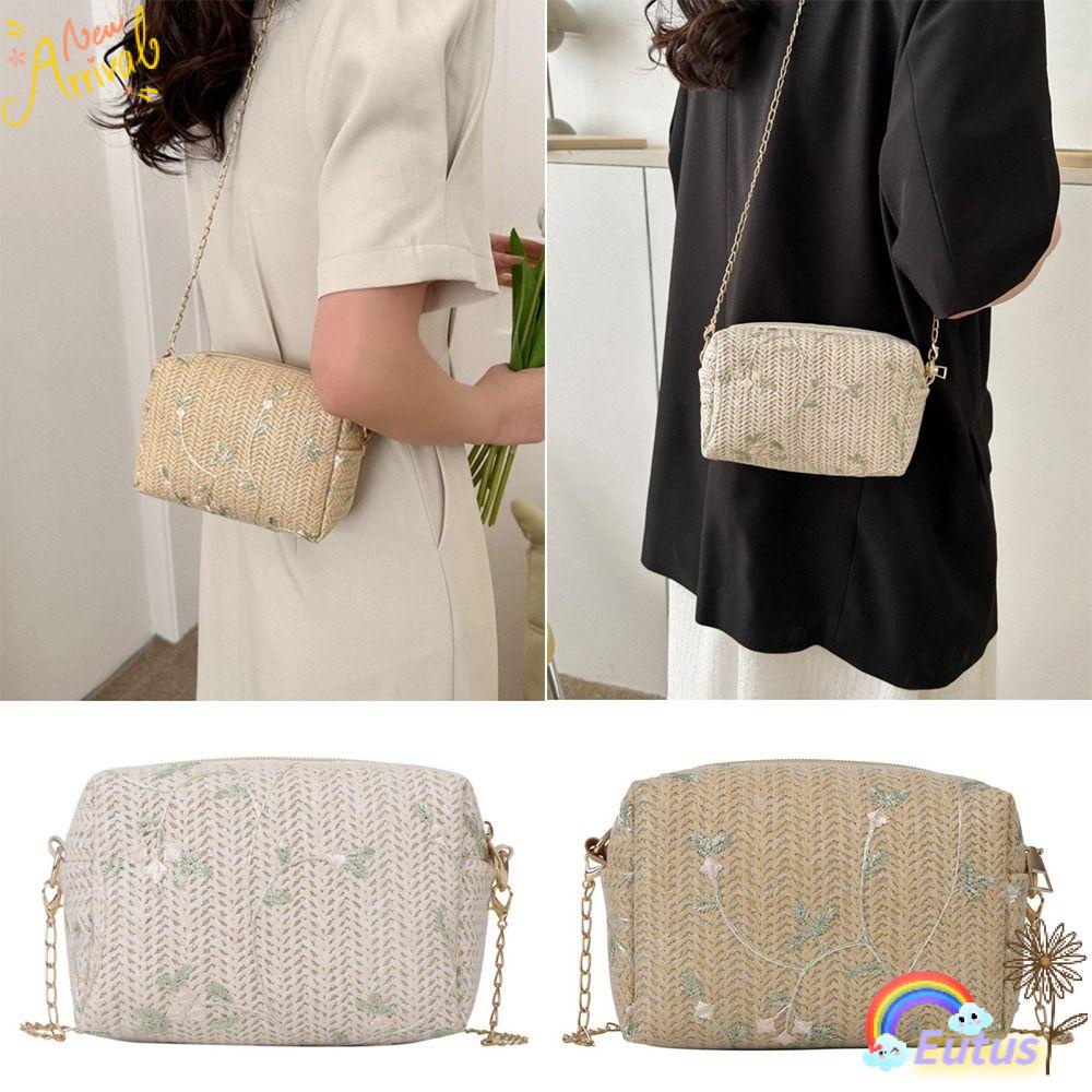 Túi Cói Đeo Chéo Phối Dây Xích Thời Trang Cho Nữ