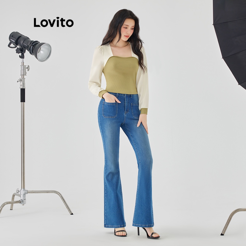 Áo Lovito tay dài cổ vuông phối lưới tương phản màu trơn cơ bản cho nữ LNE02226 (màu xanh lá)