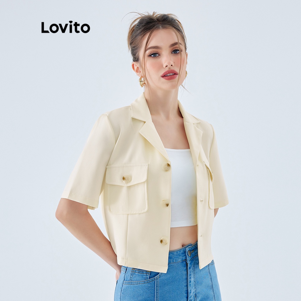 Áo khoác Lovito cổ khía túi trước phối nút màu trơn thanh lịch cho nữ L49ED062 (màu trắng ngà)