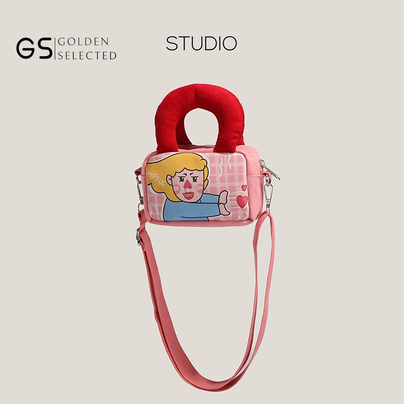 Túi Đeo Chéo Vải Canvas Dáng Vuông Nhỏ Phối Màu Tương Phản Dễ Thương Cho Bạn Gái