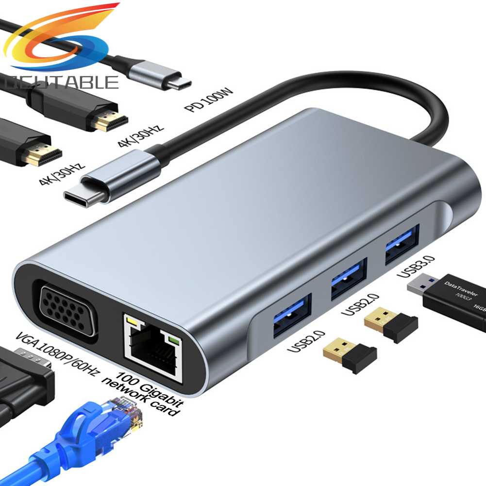 Bộ Chia Cổng Type-C 8 Trong 1 1080P 5GMbps 4K 30hz RJ45 100M 100W PD Chất Lượng Cao