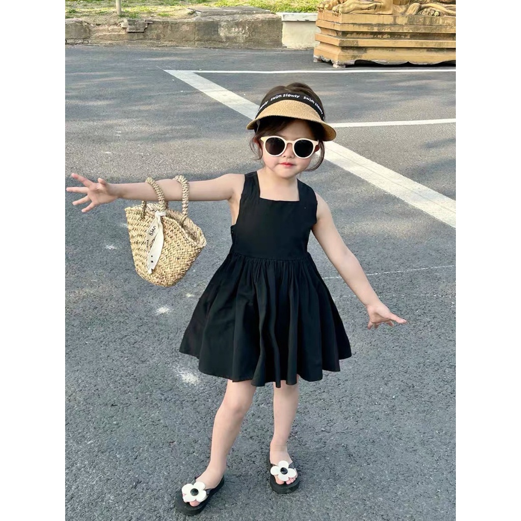 Váy bé gái mùa hè 2 dây chéo đính kèm nơ lưng có khóa kéo cho bé yêu từ 8-20kg