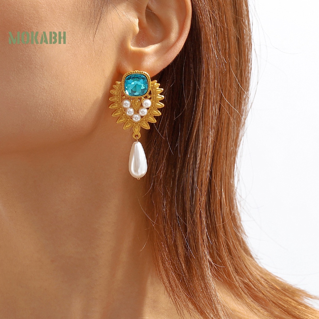 1 Đôi Bông Tai Đính Đá Ngọc Trai Nhân Tạo Màu Xanh Dương Phong Cách Thời Trung Cổ Thời Trang