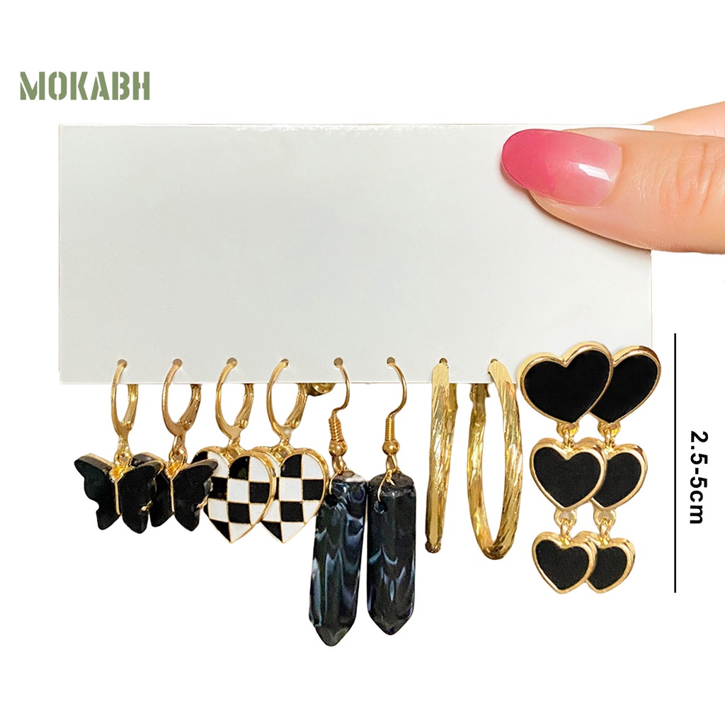 Set 5 Đôi Bông Tai Dạng Vòng Hình Học Họa Tiết Bướm / Trái Tim / Ngọc Trai Giả Màu Trắng Đen Thời Trang Cho Nữ