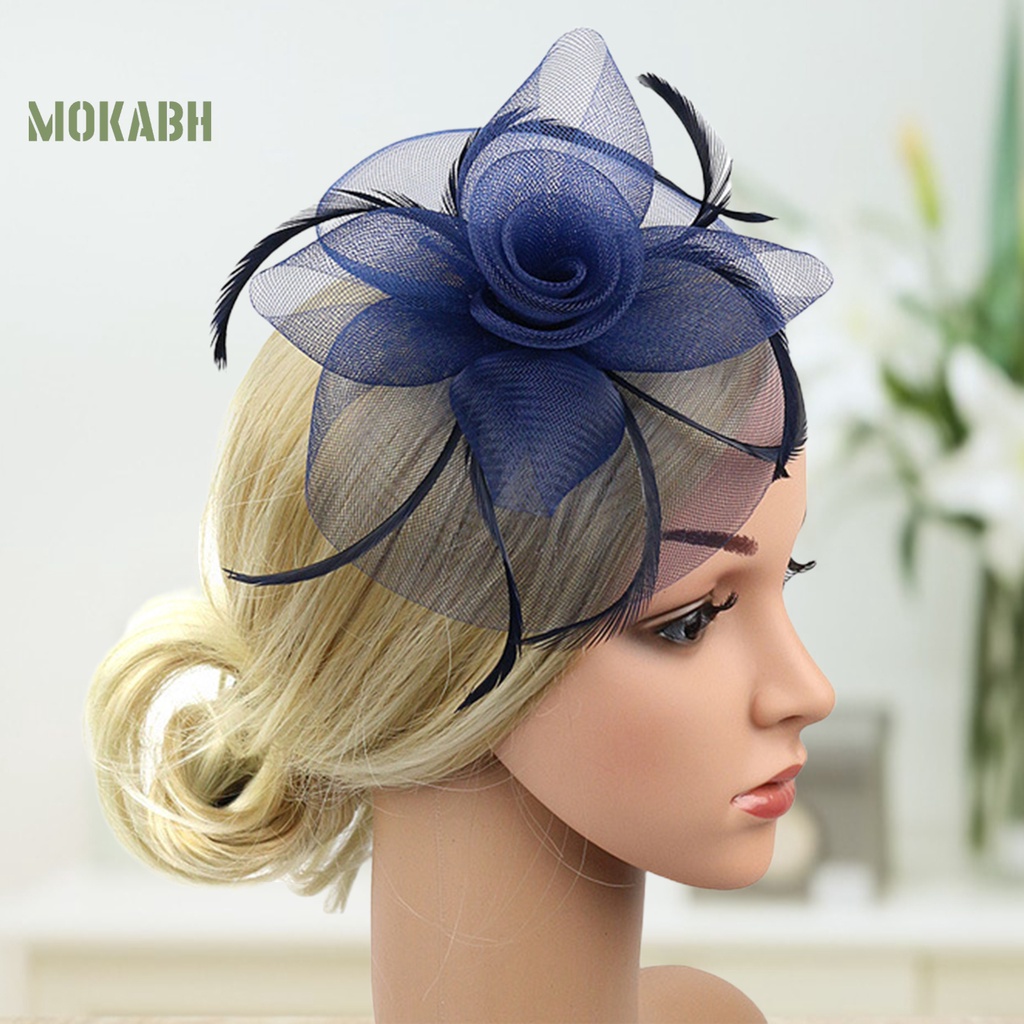Cài Tóc [mokabh] Mũ Lưới Giả Lông Vũ Thắt Nơ Hoa Trang Trí Cocktail
