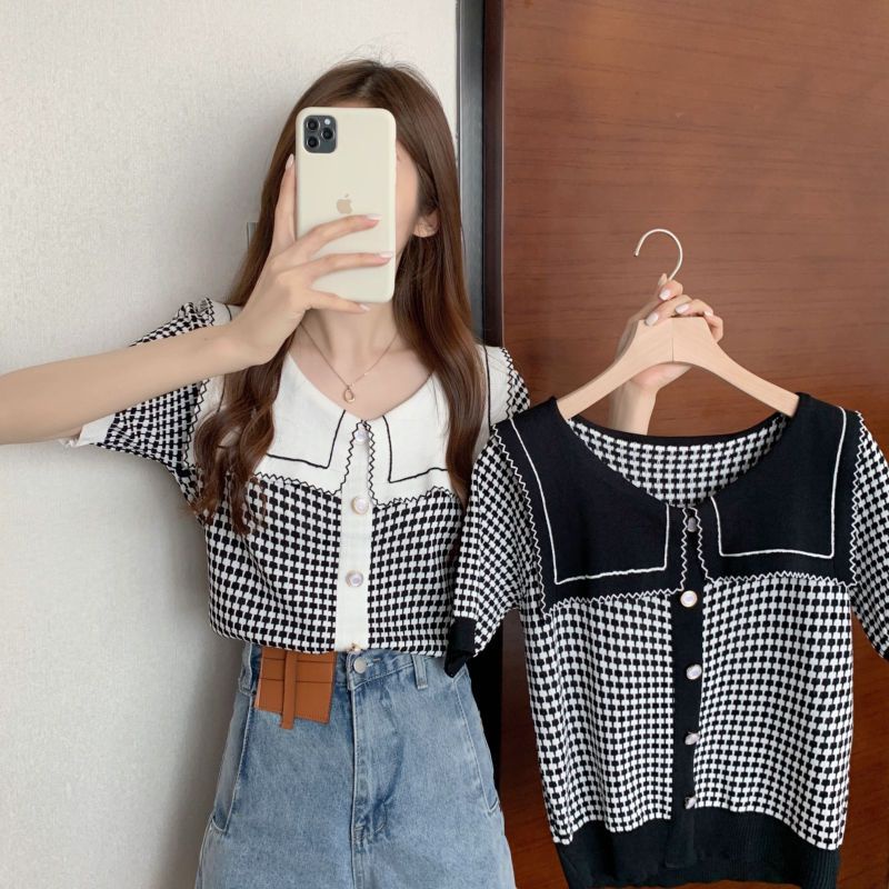 Cozok Áo Thun Dệt Kim Tay Ngắn Cổ Thủy Thủ Màu Tương Phản Thời Trang