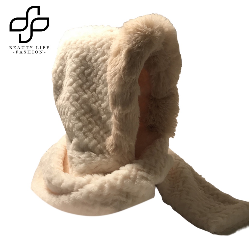 Mũ Lông Thỏ Giả Màu Trơn Kiêm Khăn Choàng Cổ Dày Dặn 2 Trong 1 Thời Trang Mùa Đông Cho Nữ