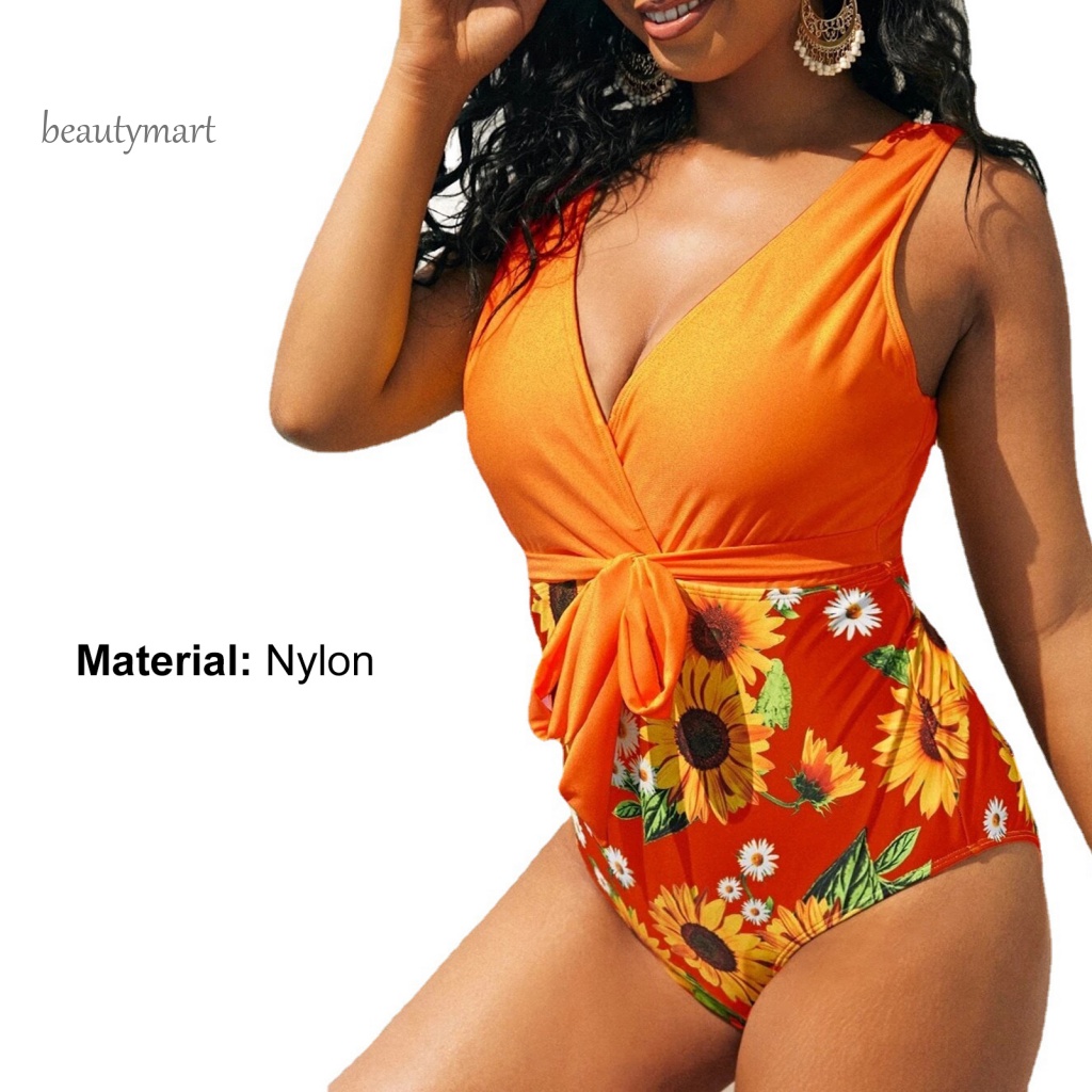 [beautymart] Bộ Đồ Bơi Một Mảnh Cổ Chữ V Khoét Sâu In Họa Tiết Hoa Hướng Dương Quyến Rũ Dành Cho Nữ