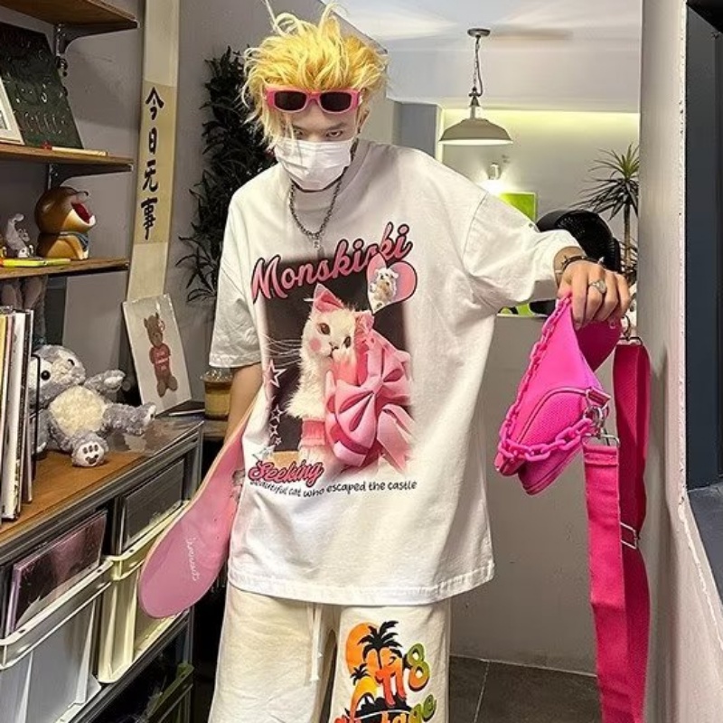 Áo Thun Ngắn Tay Dáng Rộng In Hình Mèo Thời Trang Mùa Hè Cá Tính