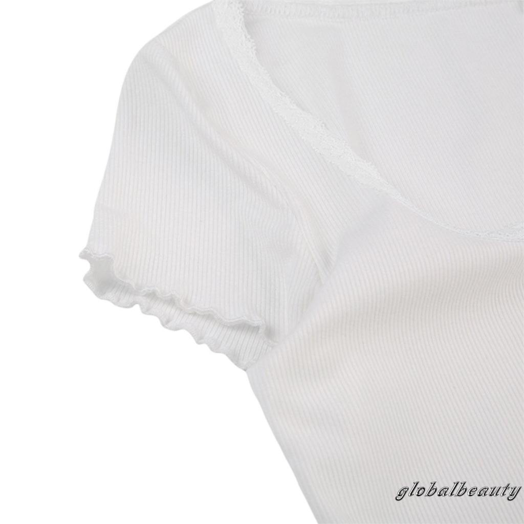 Áo Croptop Dệt Kim Ngắn Tay Cổ Vuông Phối Nút Phong Cách Đường Phố