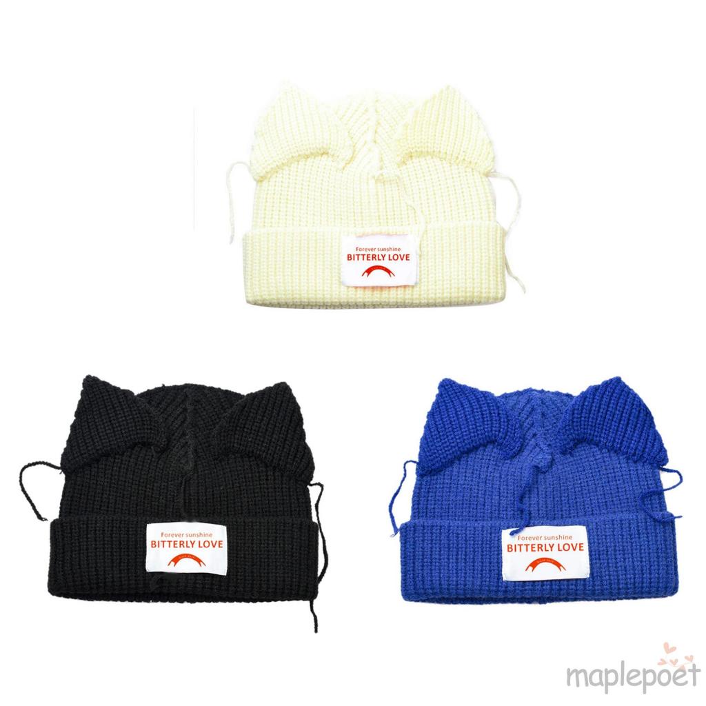 Mũ Len Beanie Dệt Kim In Họa Tiết Tai Mèo Thời Trang Thu Đông Màu Be / Đen / Xanh Dương